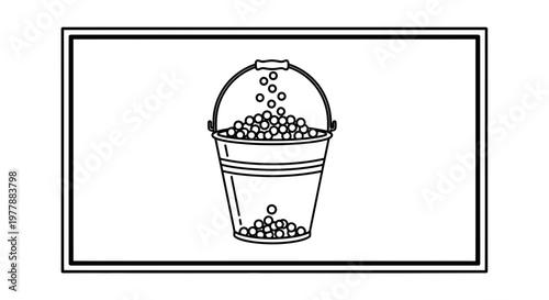 Bucket Filling With Small Balls, Overflowing Concept, Simple Line Art