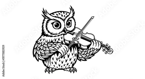 Owl Playing Violin Music Instrument.