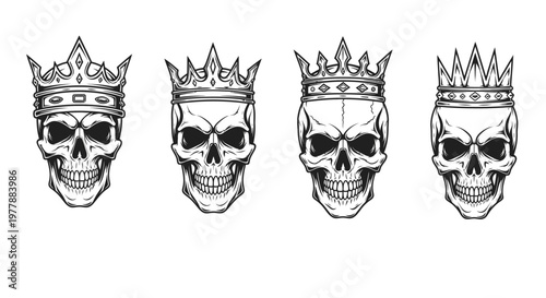 Skulls wearing crowns in line.