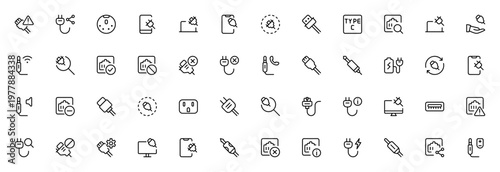Connector and Cable icon set. Minimal vector icons pack. Includes symbols for USB, HDMI, VGA, charge, warning, delete, share, search and more. Editable stroke.