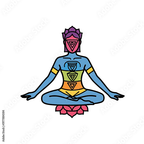 Meditation Figure with Chakra Energy Symbols Vector Illustration