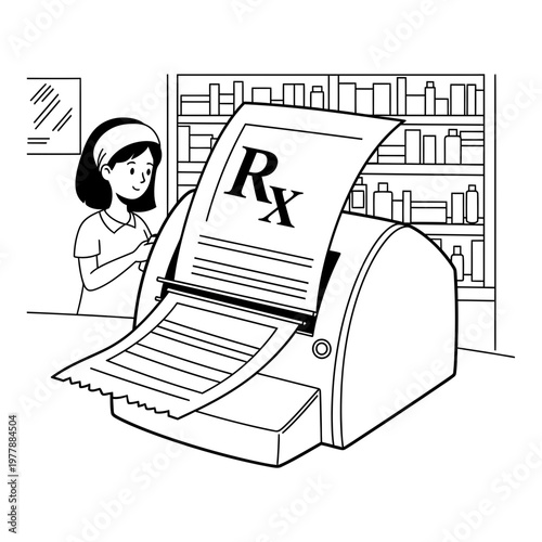 Pharmacist printing Rx prescription label in medical pharmacy line art