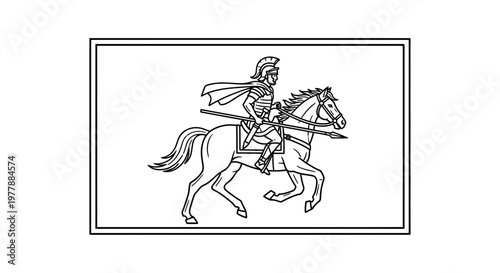 Ancient Roman soldier on horseback, charging with spear, black and white illustration