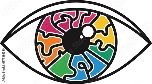 Abstract stylized human eye illustration with rainbow colored iris segments.