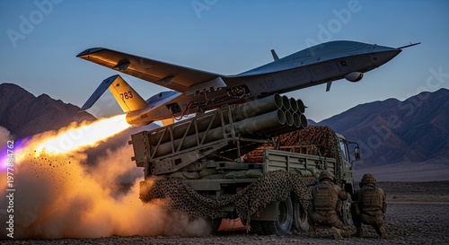 Military drone launching from truck mounted system.