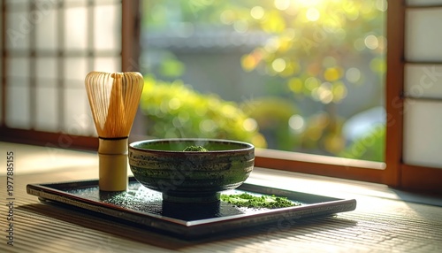 Traditional Japanese Matcha Tea Ceremony Set with Whisk and Bowl by a Window.