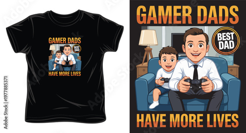 Gamer dads have more lives cartoon illustration father and son playing video games together on couch.