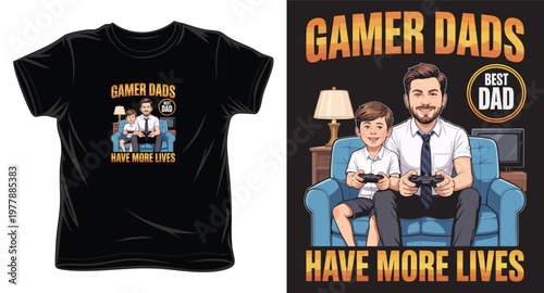 Gamer dads have more lives cartoon illustration father and son playing video games together on couch.