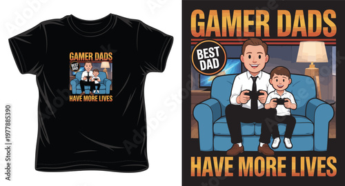 Gamer dads have more lives cartoon illustration father and son playing video games together on couch.