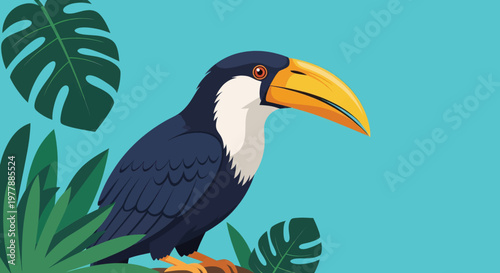 Vibrant toucan perched amidst lush tropical foliage on a bright turquoise background.