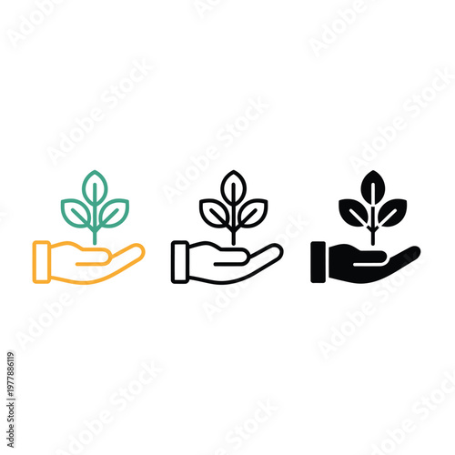 Hands cradling sprouting plants in three different color variations