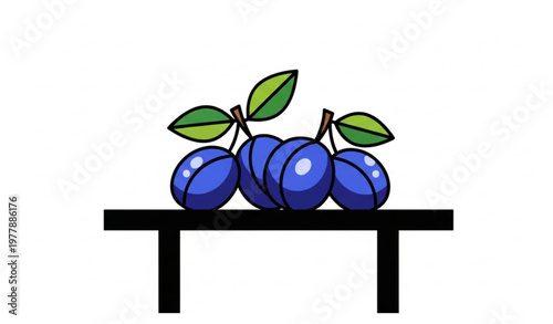 Flat Design Blue Plum Fruit with Leaves on Kitchen Table Vector – Minimal Modern Food Illustration