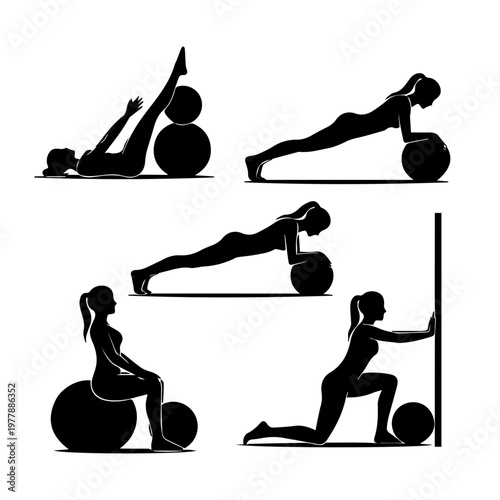 Female fitness silhouettes doing exercise with stability balls