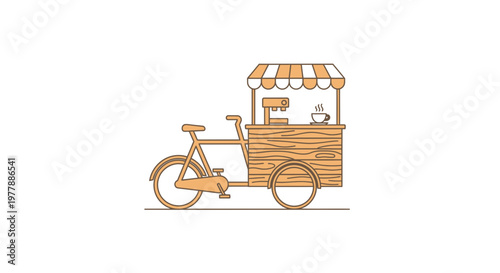 Wooden coffee cart on tricycle, mobile espresso bar with awning, street food vendor