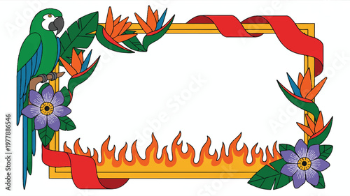 Exotic summer border frame with a blue parrot, bird of paradise flowers, purple blossoms, fiery flames, and flowing red ribbons