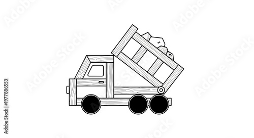 Wooden Dump Truck Toy Illustration, Delivering Rocks, Black and White Outline