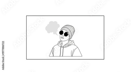 Young Person Wearing Beanie and Sunglasses, Exhaling Smoke Cloud - Line Art Illustration