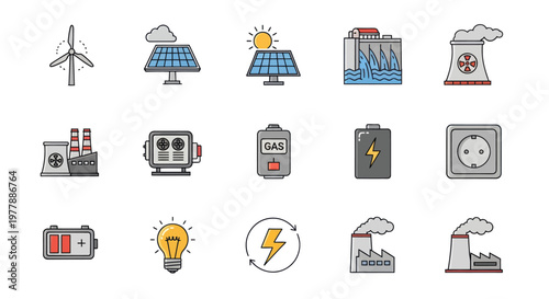 Renewable Energy Icons: Wind Turbine, Solar Panels, Hydroelectric Dam, Power Plant