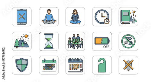 Collection of flat modern icons: mindfulness, reading, time, nature, work, and technology