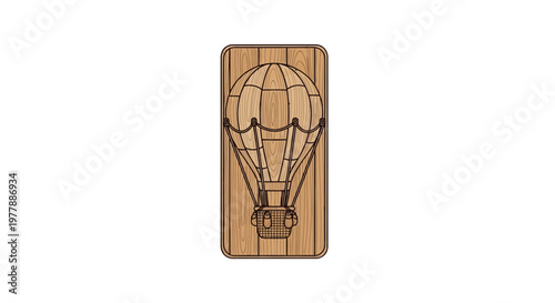 Vintage hot air balloon carved in wood, retro travel concept, engraved design