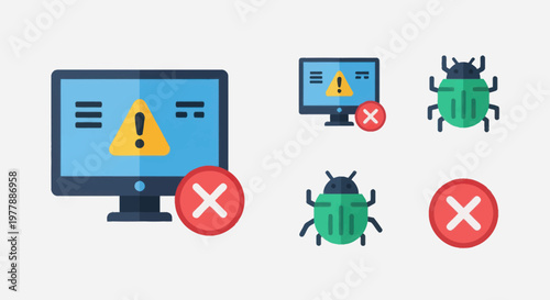 Computer Error Warning Icons: Bug, Exclamation Mark, Cross Symbol, System Alert