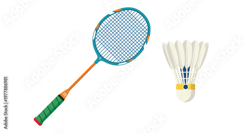 A badminton racket and shuttlecock sporting equipment for a fast paced game