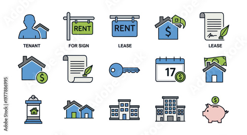 Real Estate Icons: Tenant, Rent Sign, Lease, House, Key, Calendar, Piggy Bank