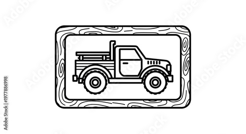 Vintage Pickup Truck Outline Icon in Wooden Frame, Retro Vehicle Illustration