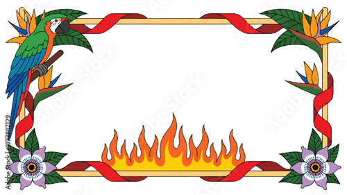 Tropical Paradise Border with Fire and Tropical Birds