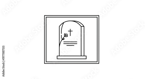 Tombstone with Cross and Flower Icon, Funeral Memorial Symbol