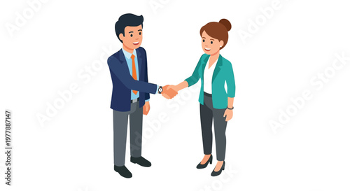 A business meeting depicted with a man and woman shaking hands
