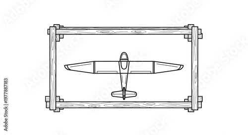 Top View Vintage Airplane in Wooden Frame, Retro Aviation Illustration