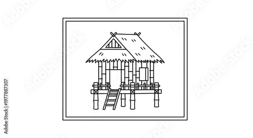 Traditional stilt house, bamboo construction, thatched roof, tropical village, rustic dwelling