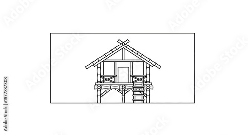 Traditional Stilt House Drawing, Rustic Wooden Hut on Posts, Rural Architecture Sketch
