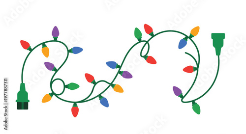 A colorful string of christmas lights with a green power cord