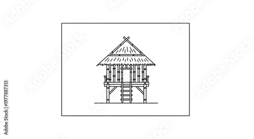 Traditional Thai Stilt House Sketch: Bamboo Hut with Thatched Roof and Ladder