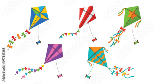 A collection of colorful kites flying with trailing ribbons and strings