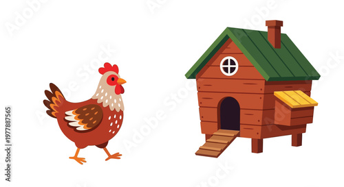 A colorful illustration of a red hen standing near a wooden coop