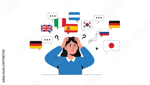 Overwhelmed woman experiencing language barrier with various national flags and speech bubbles representing confusion.