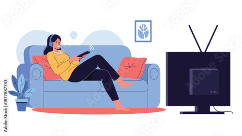 Young woman relaxing on comfortable sofa while wearing headphones and watching television in modern living room.