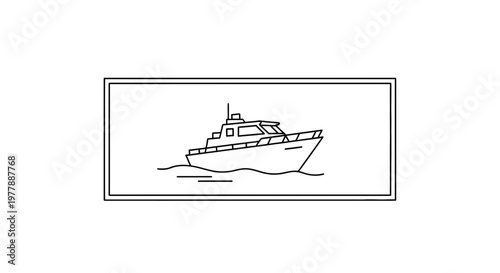 Simple Line Art Icon of a Motor Yacht Sailing on Wavy Water