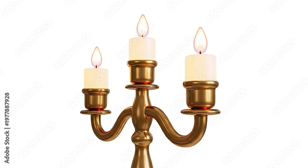 Fototapeta premium Three lit candles on a golden candelabra