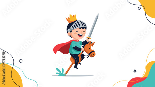 Imaginative young boy dressed as brave little knight with crown and cape riding hobby horse with wooden sword.