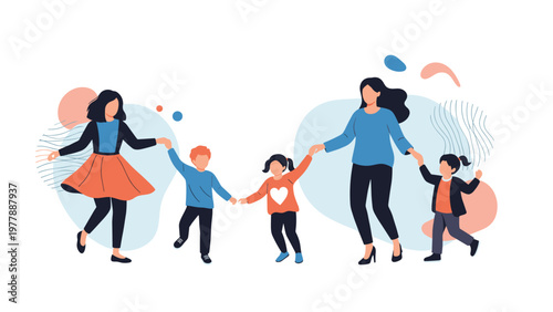 Diverse group of women and children holding hands and dancing together in joyful circle against abstract shapes.