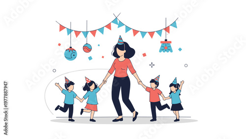 Festive birthday party scene with mother and children wearing hats and dancing under colorful hanging decorations.