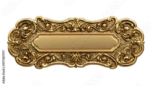 Vintage ornate golden plaque or nameplate isolated on white background, antique brass decorative label with Victorian baroque floral scrollwork, elegant blank frame for engraving and royal branding.