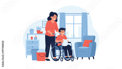 Kind female caregiver pushing happy young boy in wheelchair inside bright home with furniture and potted plants.