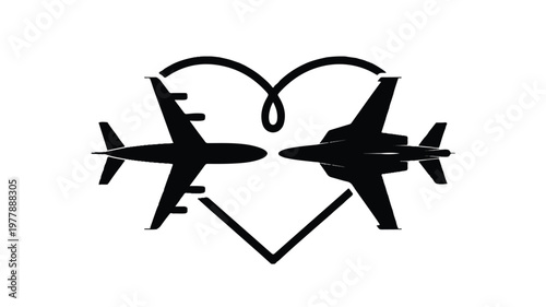 Minimalist black and white graphic of a commercial plane and a fighter jet forming a heart, symbolizing aviation love, passion for flying