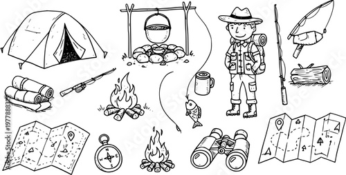 Black and White Line Art of Camping and Outdoor Adventure Gear and Supplies