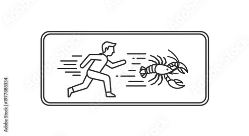 Man Running Away From Giant Lobster, Abstract Motion Lines, Humorous Concept